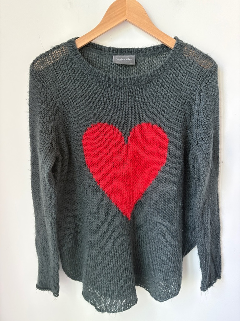 Wooden Ships Heart Crew Lightweight Sweater Grey Red Mohair Wool Blend Size XS/S